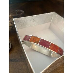 Jay King DTR Sterling Silver Multi Colored Coral Inlay Hinged Bangle Bracelet